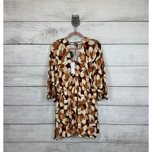 Aakaa Women's Brown & Cream Floral Waisted Dress Size Medium - Picture 7 of 7